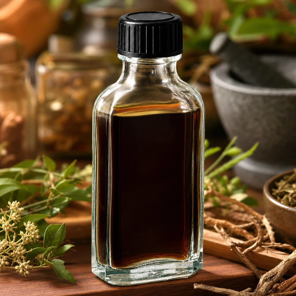 50 ml Przezroczysta zakrętka Meplat z dyskiem uszczelniającym z EPE Butelka Meplat o pojemności 50 ml z ciemnym olejkiem ziołowym i czarną zakrętką na drewnianej podstawce