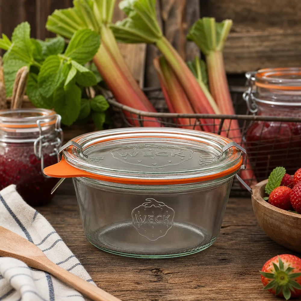 Słoik do przetworów WECK 290ml RR100 w rustykalnej kuchni ze świeżym rabarbarem i truskawkami do przetworów