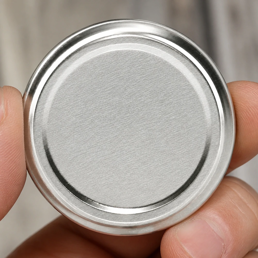 Zbliżenie na srebrną pokrywkę TO66 BasicSeal o średnicy 66 mm z serii UNiTWIST, wykonaną ze szczotkowanego metalu, z uchwytem na palec