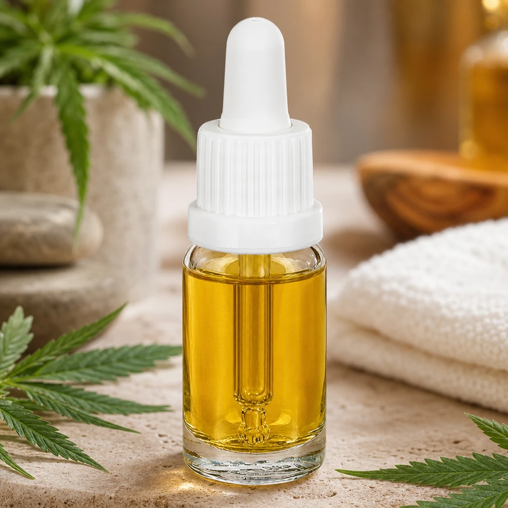 Olejek CBD w białej buteleczce z pipetą o pojemności 10 ml, model OV ClearLine UT18/10, ze złotą zawartością