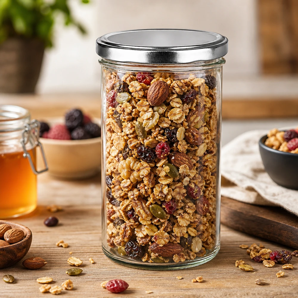 Słoik z pokrywką BasicSeal srebrna UN.. 277ml Sturzglas mit BasicSeal Deckel silber gefüllt mit Müsli und Nüssen auf Holztisch Vorratshaltung Küche