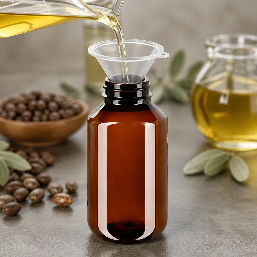 Butelka PET 100ml z nakrętką odgazowującą czerwona Olej jest rozlewany przez lejek do bursztynowej butelki PET o pojemności 100 ml z zamknięciem odgazowującym