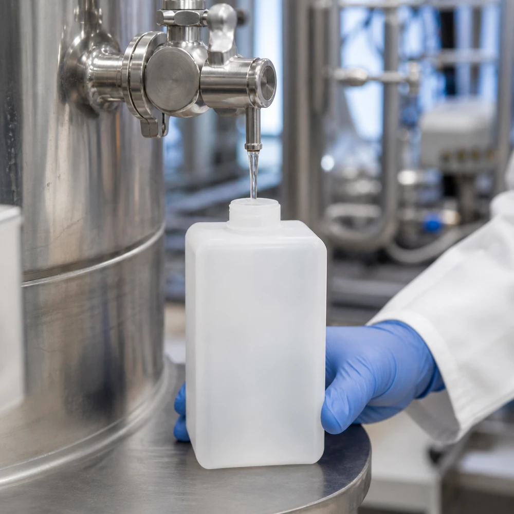 Butelka na chemikalia o pojemności 1500 ml z polietylenu o wysokiej gęstości (PE-HD) z wąską szyjką jest napełniana płynem w zakładzie farmaceutycznym