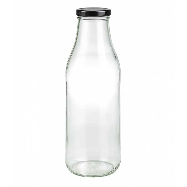 Butelka szklana 1000 ml + pokrywka BasicSeal czarna UNiTWIST. Całkowicie szczelna z dużą pokrywką TO48. Do mleka, soków i lemoniady.