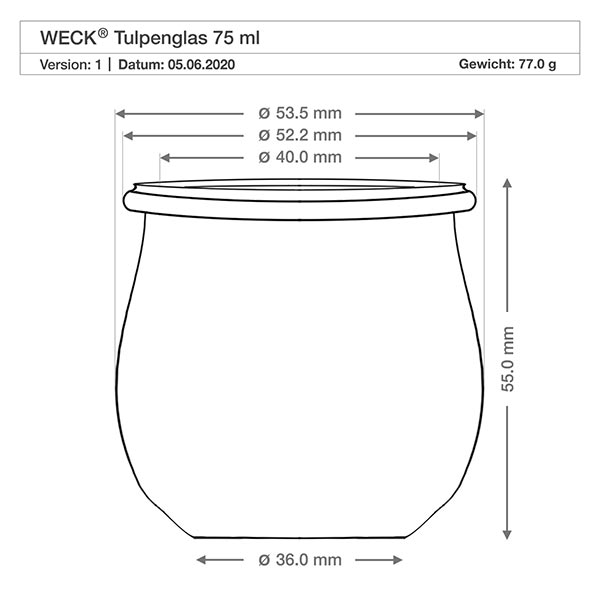 *NOWY* 75ml słoik tulipan ze szklaną pokrywką WECK RR40 Rysunek techniczny słoika WECK tulipan 75ml RR40 z wymiarami Średnica Wysokość Waga Specyfikacja produktu