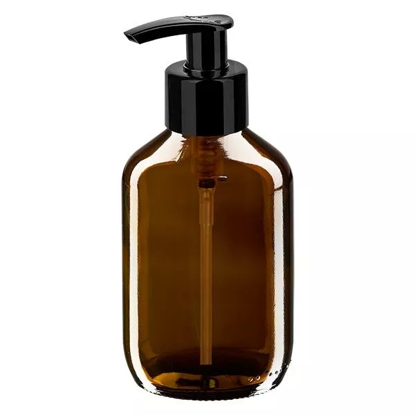 Butelka na lek 200 ml brązowa, z pompką dozującą czarną ApoGlas. Farmaceutyczna jakość produkcji UE. Gwint 28 mm (PP28). (syrop, butelka z lekkiego szkła) Butelka na lek 200 ml brązowa, z pompką dozującą czarną ApoGlas. Farmaceutyczna jakość produkcji UE. Gwint 28 mm (PP28). (syrop, butelka z lekkiego szkła)