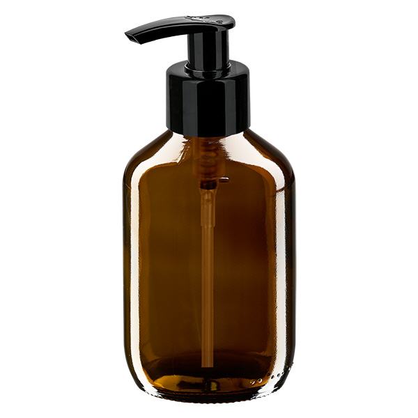 Butelka na lek 200 ml brązowa, z pompką dozującą czarną ApoGlas. Farmaceutyczna jakość produkcji UE. Gwint 28 mm (PP28). (syrop, butelka z lekkiego szkła) Butelka na lek 200 ml brązowa, z pompką dozującą czarną ApoGlas. Farmaceutyczna jakość produkcji UE. Gwint 28 mm (PP28). (syrop, butelka z lekkiego szkła)
