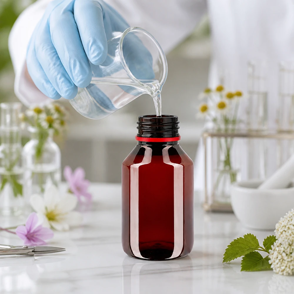 Butelka PET 50 ml z białą/czerwoną nakrętką OV Mała brązowa butelka z tworzywa sztucznego o pojemności 50 ml z czerwonym pierścieniem zabezpieczającym jest napełniana w laboratorium