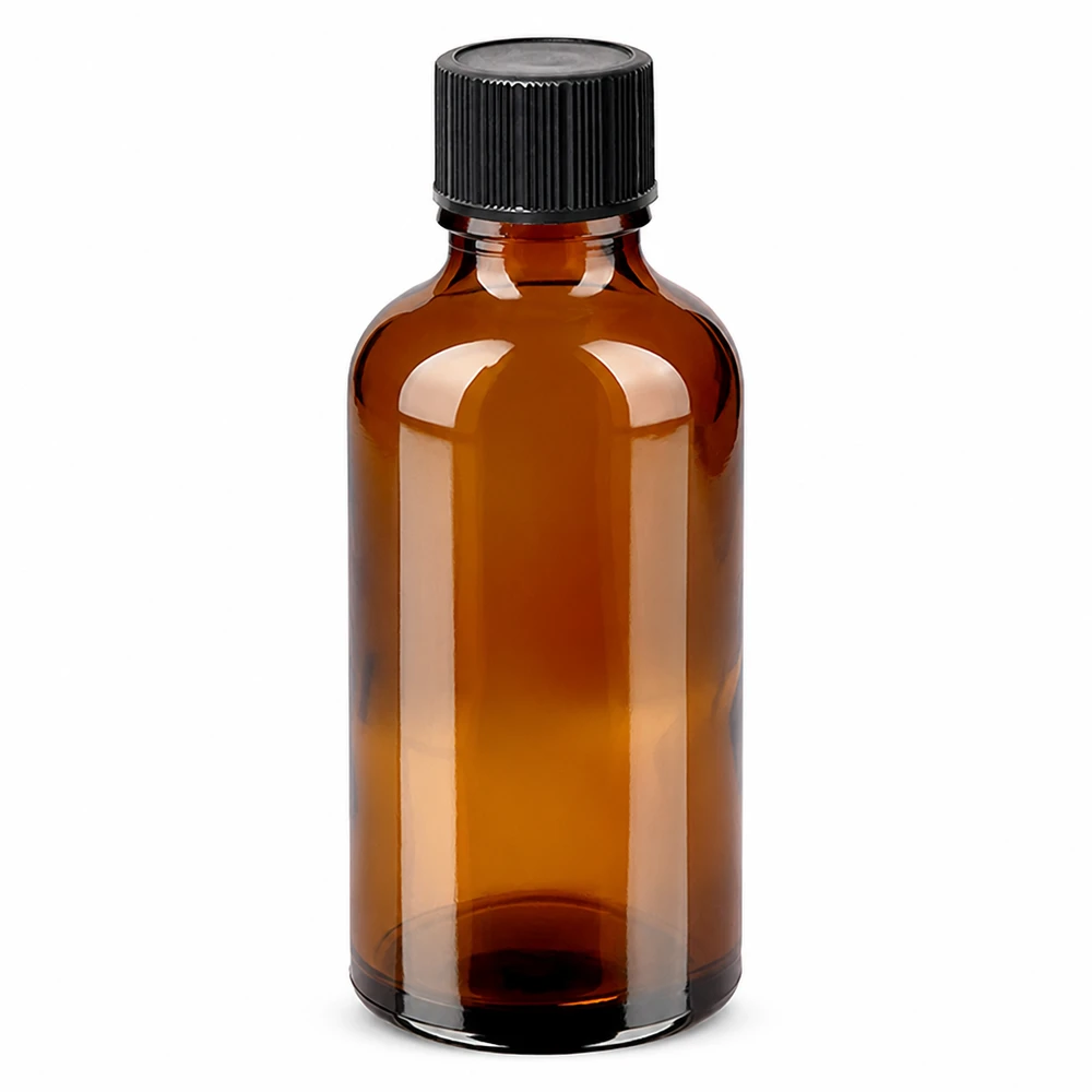 Butelka z bursztynowego szkła o pojemności 50 ml z czarnym zakraplaczem do olejków eterycznych i esencji