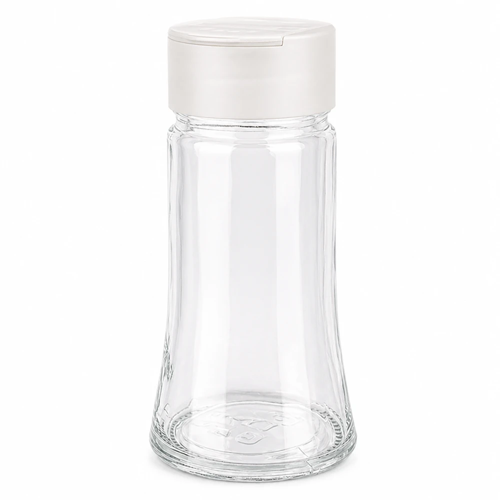 Słoik na sól/przyprawy 95 ml z podwójnym dozownikiem, biały Pusty słoik na sól o pojemności 95 ml z białą plastikową pokrywką i podwójną funkcją dosypywania