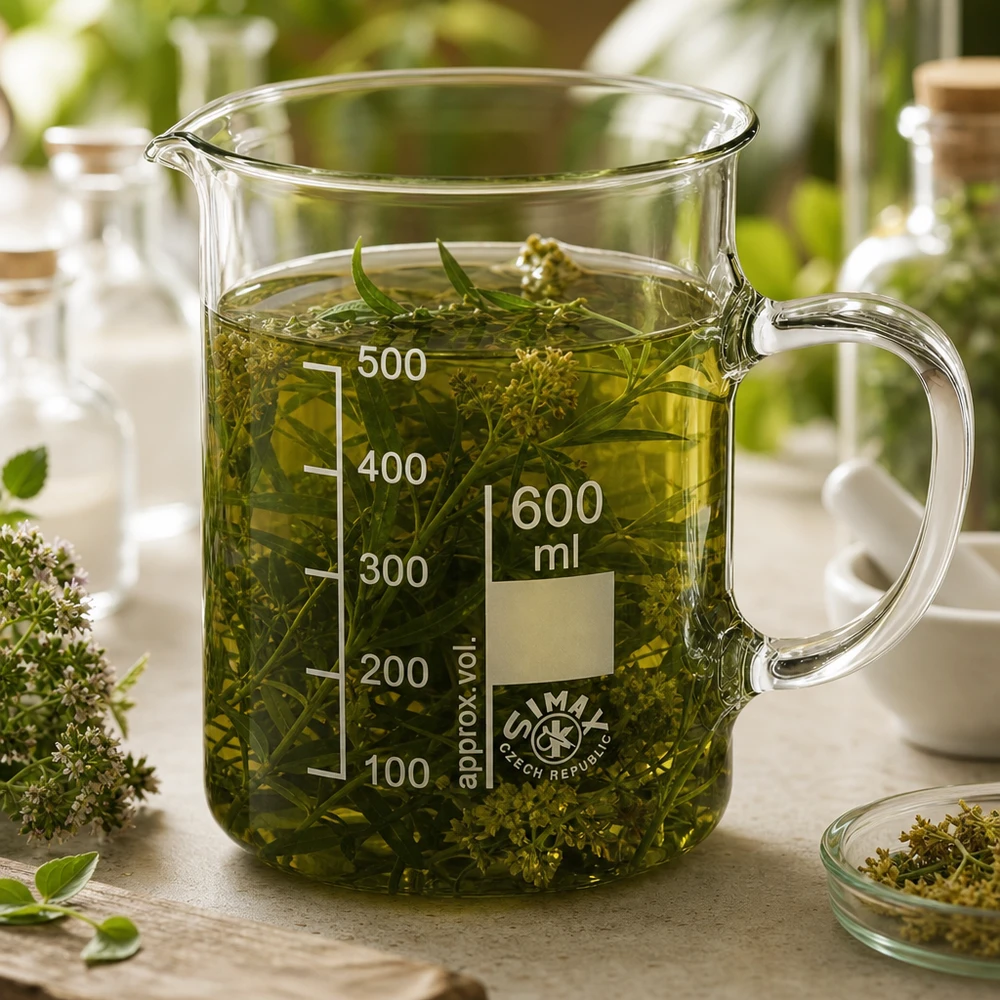 Zlewka 600 ml ze szkła borokrzemowego, z uchwytem Szklanka o pojemności 600 ml z uchwytem, wypełniona zielonym naparem ziołowym i świeżymi ziołami leczniczymi