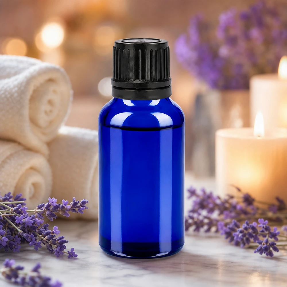 Butelka 20 ml 11 mm SV czarna OV BlueLine UT18/20 20 ml szklana butelka do aromaterapii w kolorze niebieskim z czarną zakrętką do olejku lawendowego i wellness