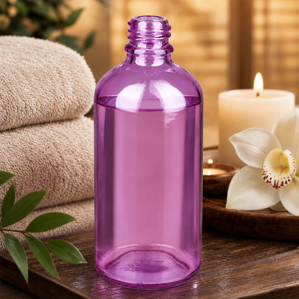 Mała szklana butelka PurpleLine o pojemności 100 ml w stylowym fioletowym kolorze do olejków eterycznych i produktów wellness