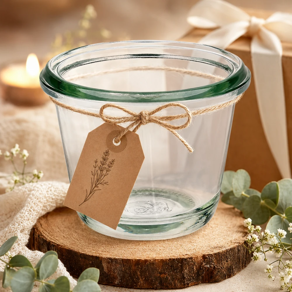Słoik dla smakoszy 80 ml WECK RR60 80ml WECK gourmet jar RR60 dekoracyjnie ułożony z papierową przywieszką na drewnianym krążku w świątecznej dekoracji prezentu