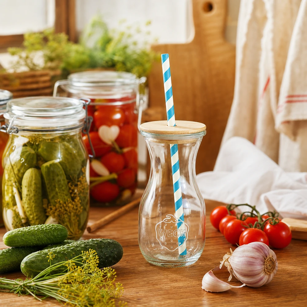 6 x butelka na sok WECK 290 ml RR60 z drewnianą pokrywką i 100 ekologicznymi WECK butelka na sok 290ml kuchenna sceneria z ogórkami kiszonymi pomidorami świeże warzywa drewniana pokrywka eko słomka