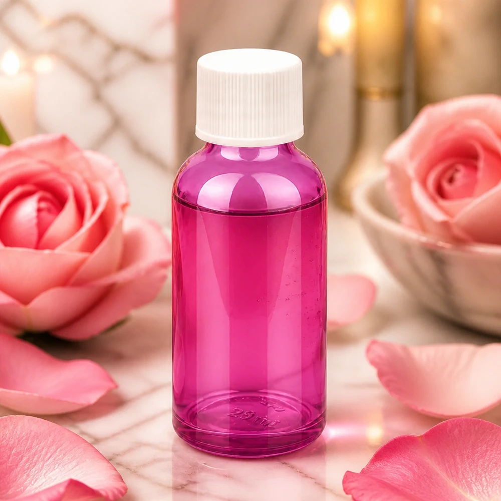 Fioletowa butelka 30 ml z białą nakrętką idealna do perfum i aromaterapii