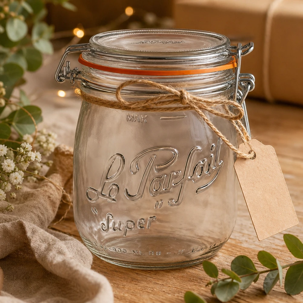 Słoik do przechowywania 750 ml Le Parfait Super z obrotową pokrywką i przywieszką prezentową na drewnianym stole z dekoracją