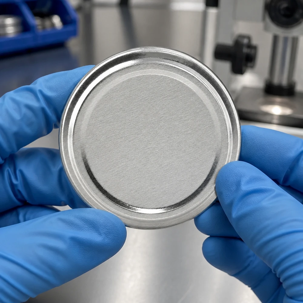 Zdjęcie laboratoryjne: pokrywa BasicSeal 58 mm w kolorze srebrnym, typ TO58 UniTwist, trzymana w niebieskich rękawiczkach ochronnych