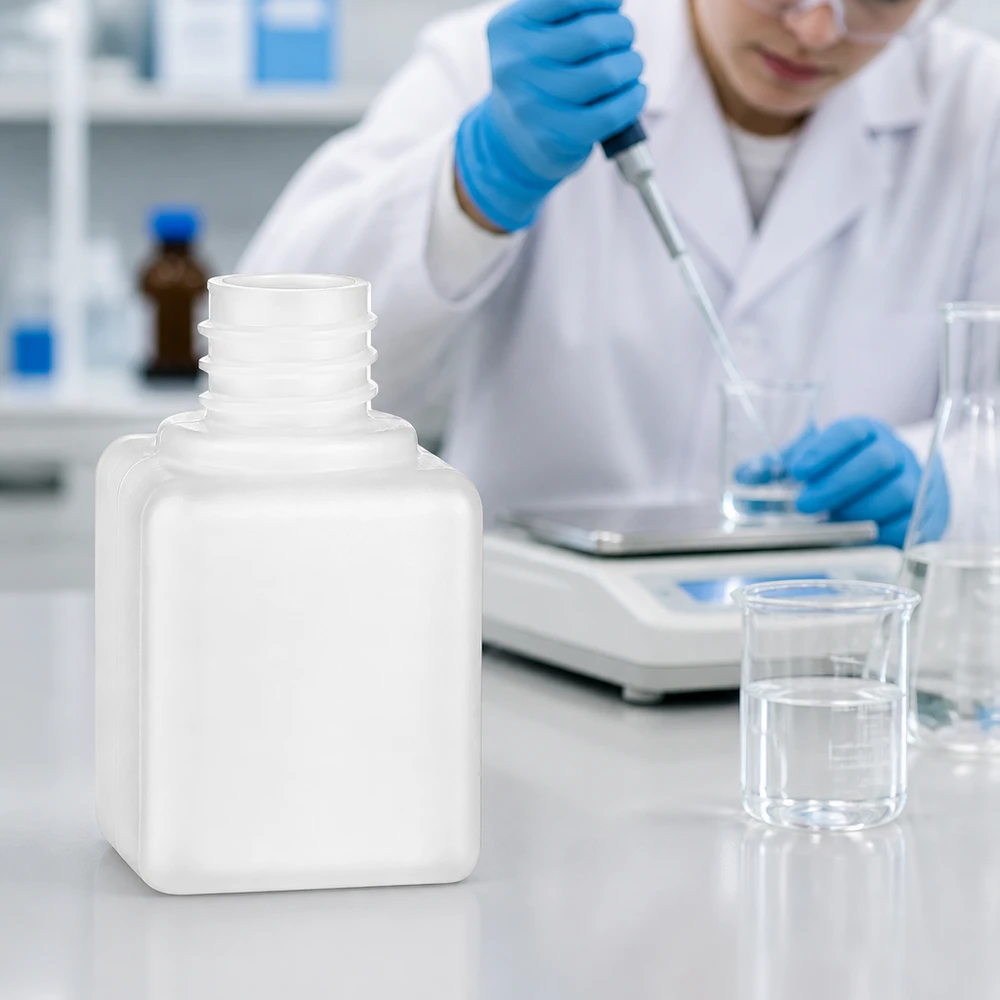Biała, kwadratowa butelka na chemikalia o pojemności 20 ml, wykonana z PE-HD, z wąską szyjką (GL18), obok zlewki w laboratorium