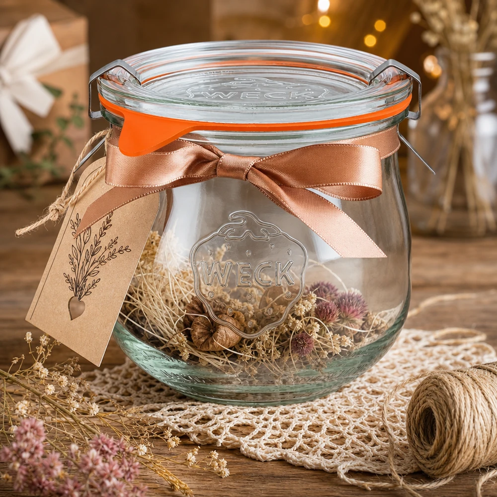 Słoik tulipan 370ml kompletny WECK RR80 Słoik na tulipany WECK 370ml RR80 dekoracyjnie zaaranżowany z suszonymi kwiatami, satynową wstążką i przywieszką na prezent jako pomysł na rękodzieło