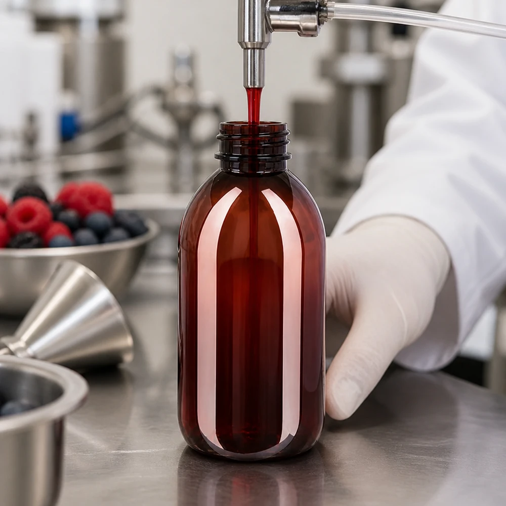 Butelka PET 250 ml z niebieską nakrętką OV Linia rozlewnicza napełnia brązowe butelki PET o pojemności 250 ml czerwonym sokiem jagodowym w ramach produkcji spożywczej