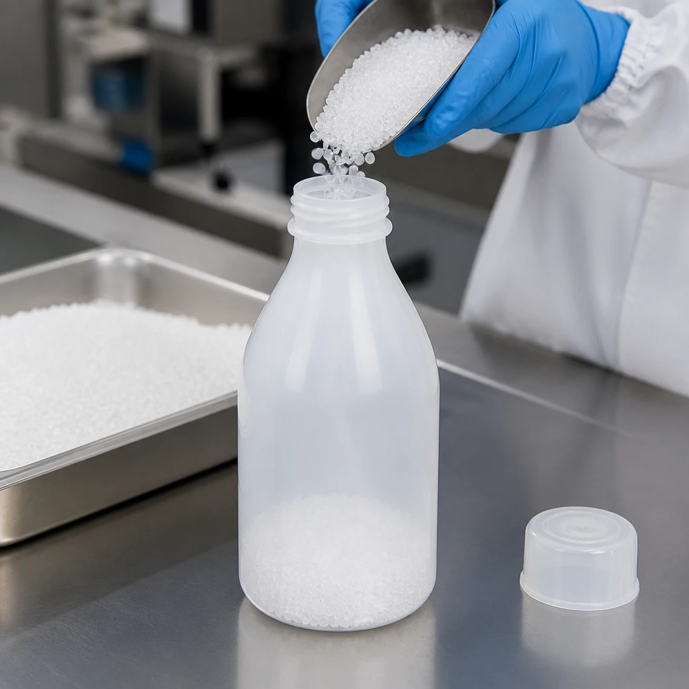 Laborant za pomocą metalowej łopatki napełnia białe granulki z tworzywa sztucznego do butelki z wąską szyjką i zakrętką o pojemności 100 ml