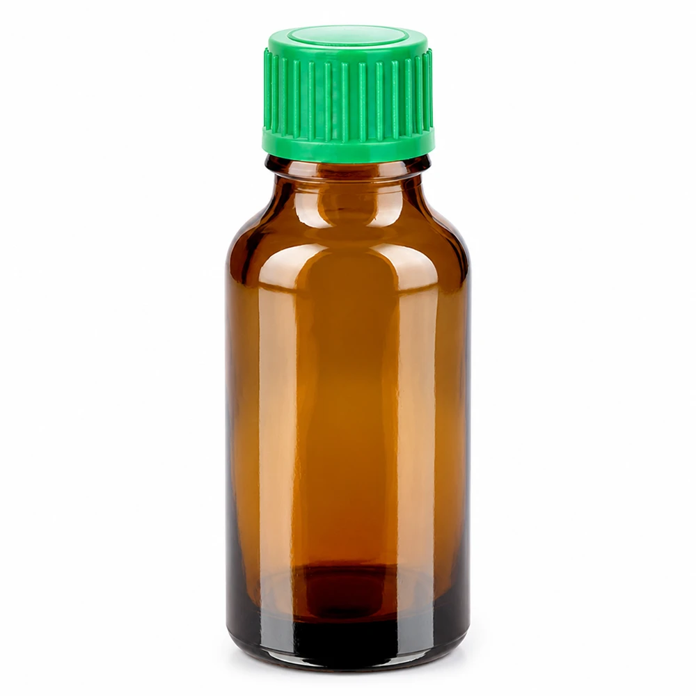 20 ml butelka z zakraplaczem wykonana z bursztynowego szkła z zieloną zakrętką do precyzyjnego dozowania