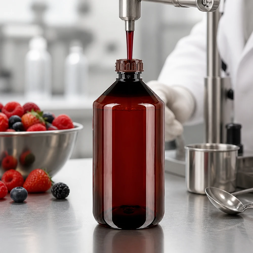 Rozlewanie czerwonego soku jagodowego do brązowych butelek PET o pojemności 750 ml z zamknięciem zabezpieczającym przed dziećmi
