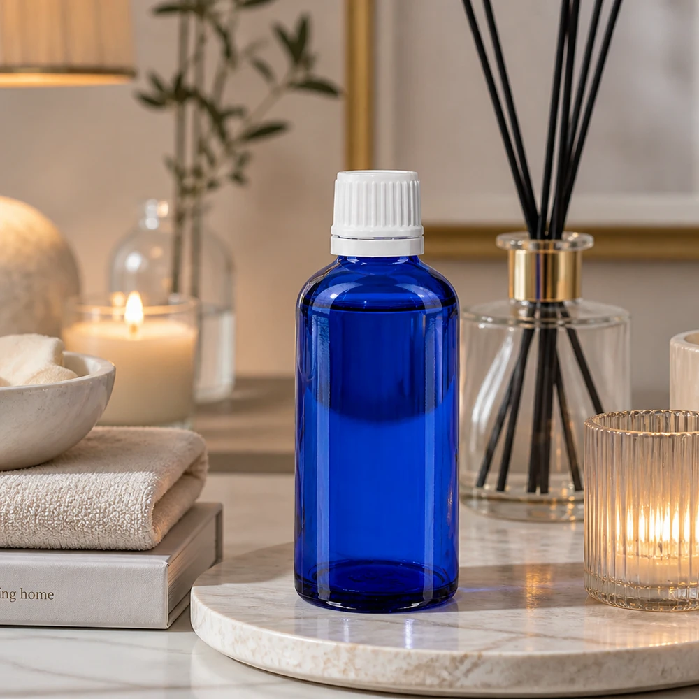 Kobaltowo-niebieska butelka apteczna o pojemności 50 ml z białą zakrętką w atmosferze przypominającej spa