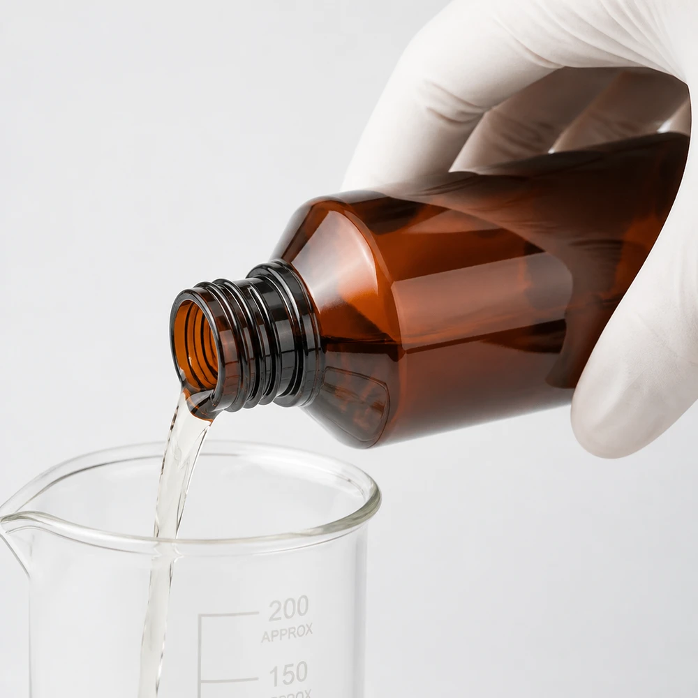 Butelka PET 200ml z pompką dozującą czarna Przezroczysty płyn przelewa się z bursztynowej butelki PET o pojemności 200 ml do szklanej zlewki