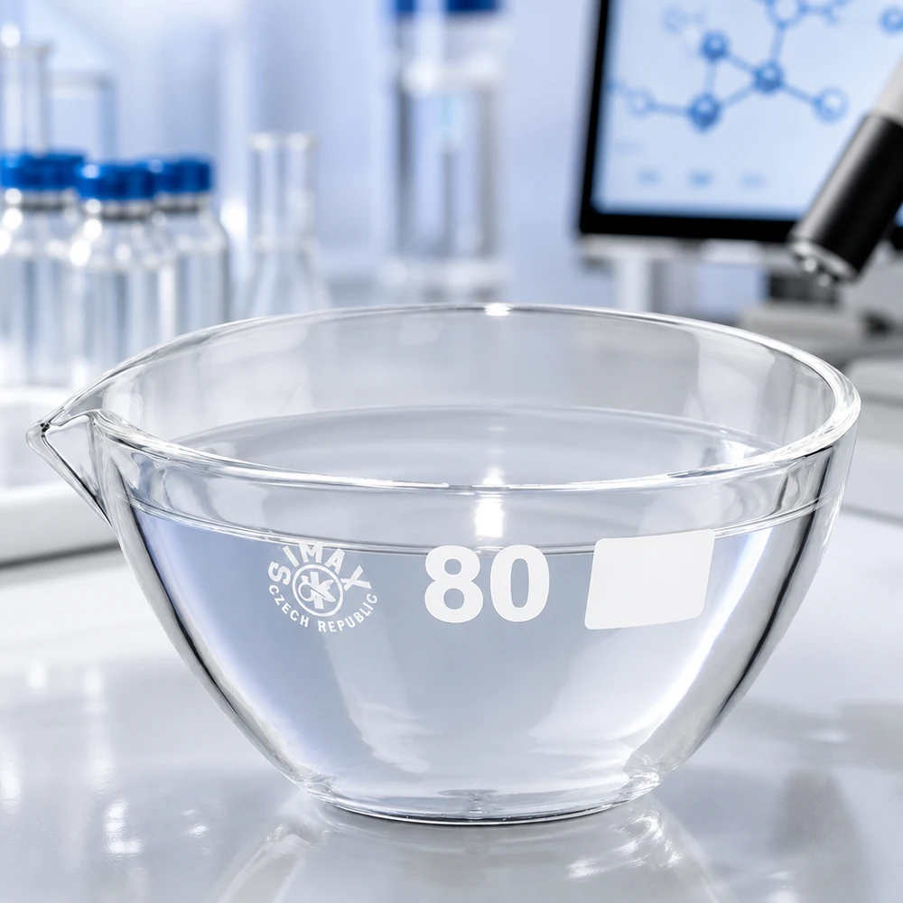Naczynie do odparowywania o pojemności 90 ml z borokrzemianową wylewką Profesjonalne borokrzemianowe naczynie laboratoryjne o pojemności 90 ml z wylewką do analiz chemicznych i procesów odparowywania