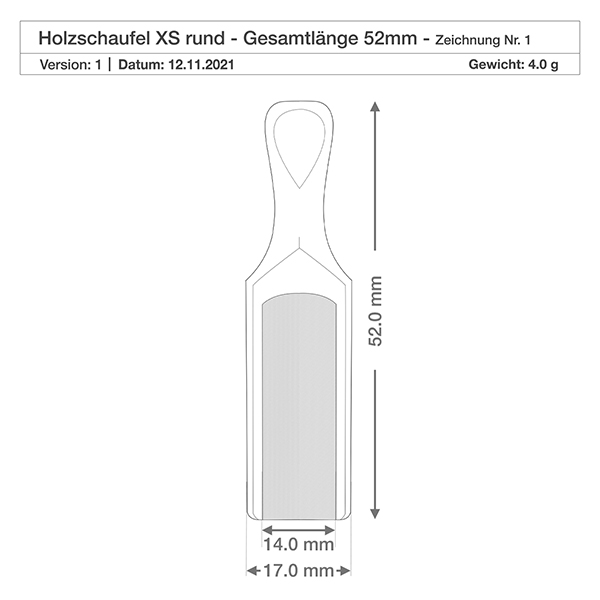 Drewniana łopata w rozmiarze XS o półokrągłym kształcie i długości 5,2 cm Rysunek techniczny drewnianej łopaty XS o wymiarach 52 mm długości całkowitej i 17 mm szerokości