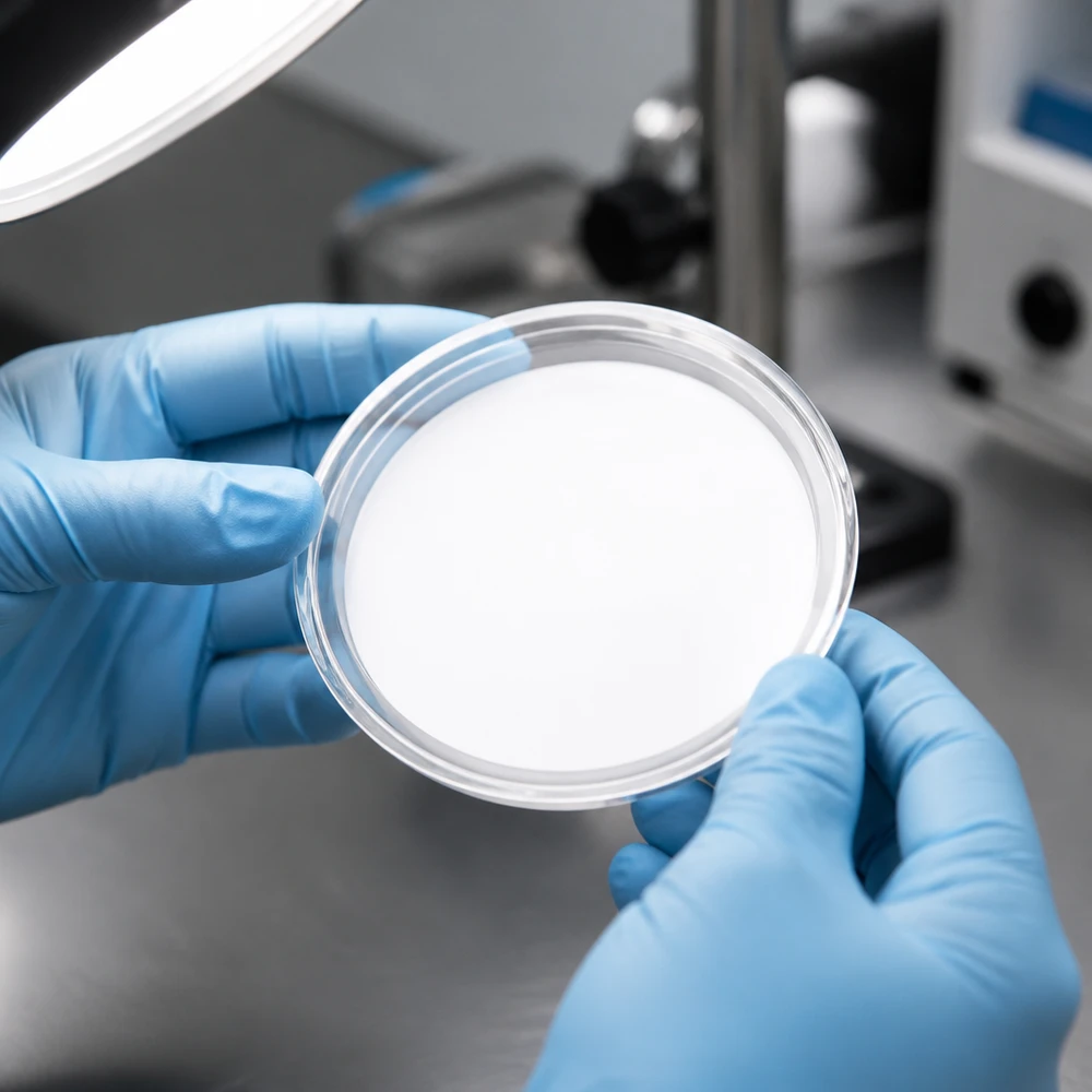Laborant trzyma białą pokrywkę BasicSeal TO70 UNiTWIST o średnicy 70 mm w warunkach laboratoryjnych