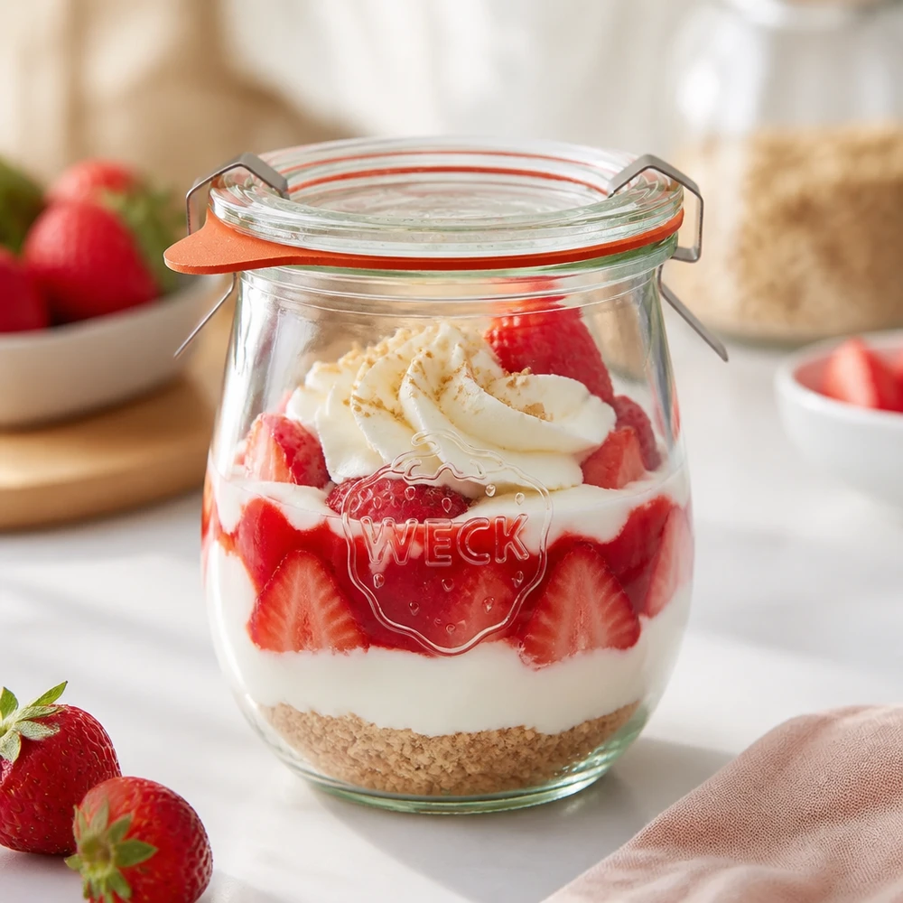 Słoiczek WECK tulipan 220ml RR60 z deserem truskawkowym przekładanym jogurtem deserowym i herbatnikami używany jako słoiczek deserowy