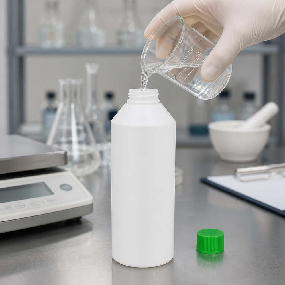 Butelka apteczna HDPE 250ml biała, z zielonym SV Biała butelka apteczna z HDPE o pojemności 250 ml z zieloną nakrętką podczas napełniania przezroczystym płynem w laboratorium