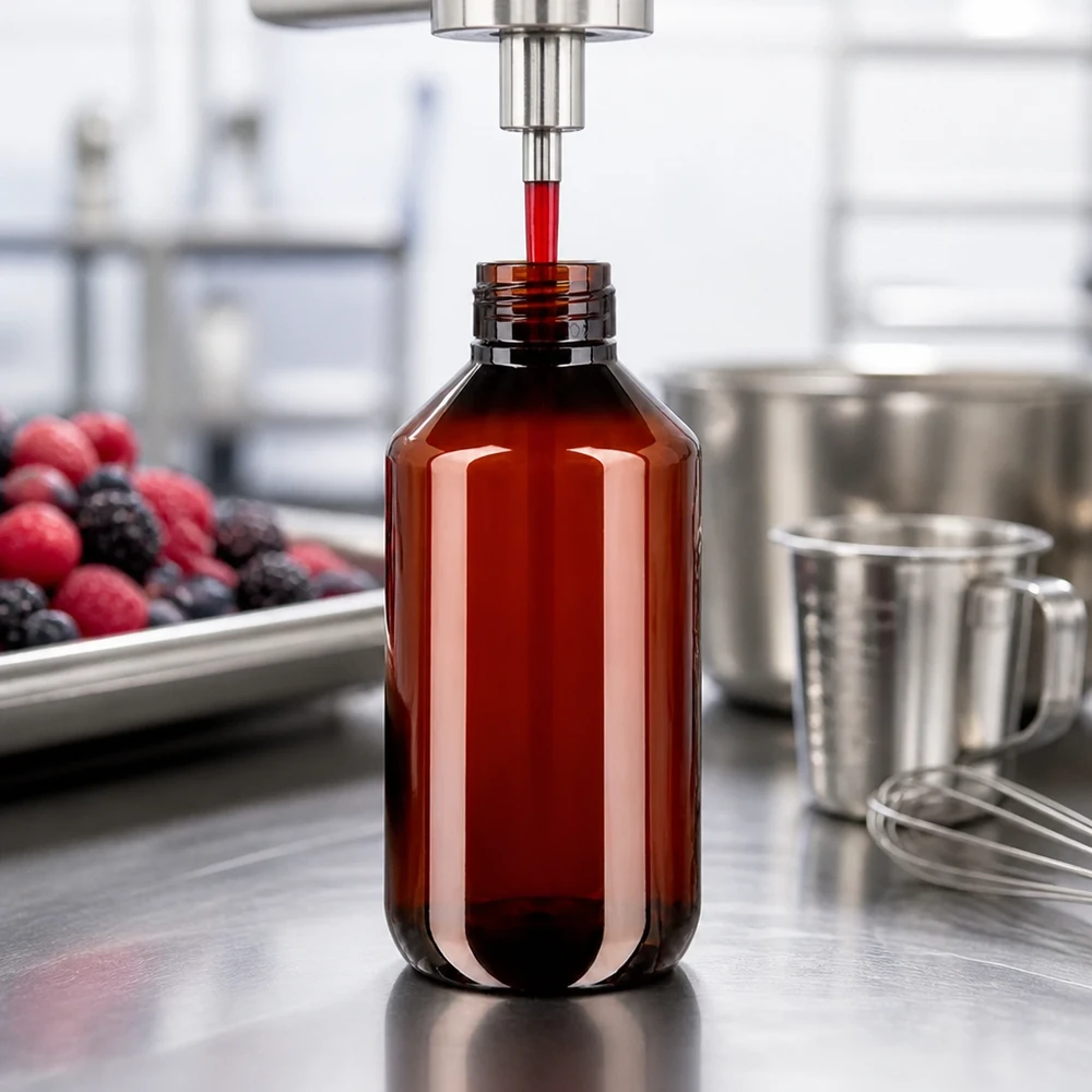 Butelka PET 200ml z nakrętką odgazowującą czerwona Mała butelka PET o pojemności 200 ml z czerwonym korkiem odgazowującym jest napełniana maszynowo syropem jagodowym