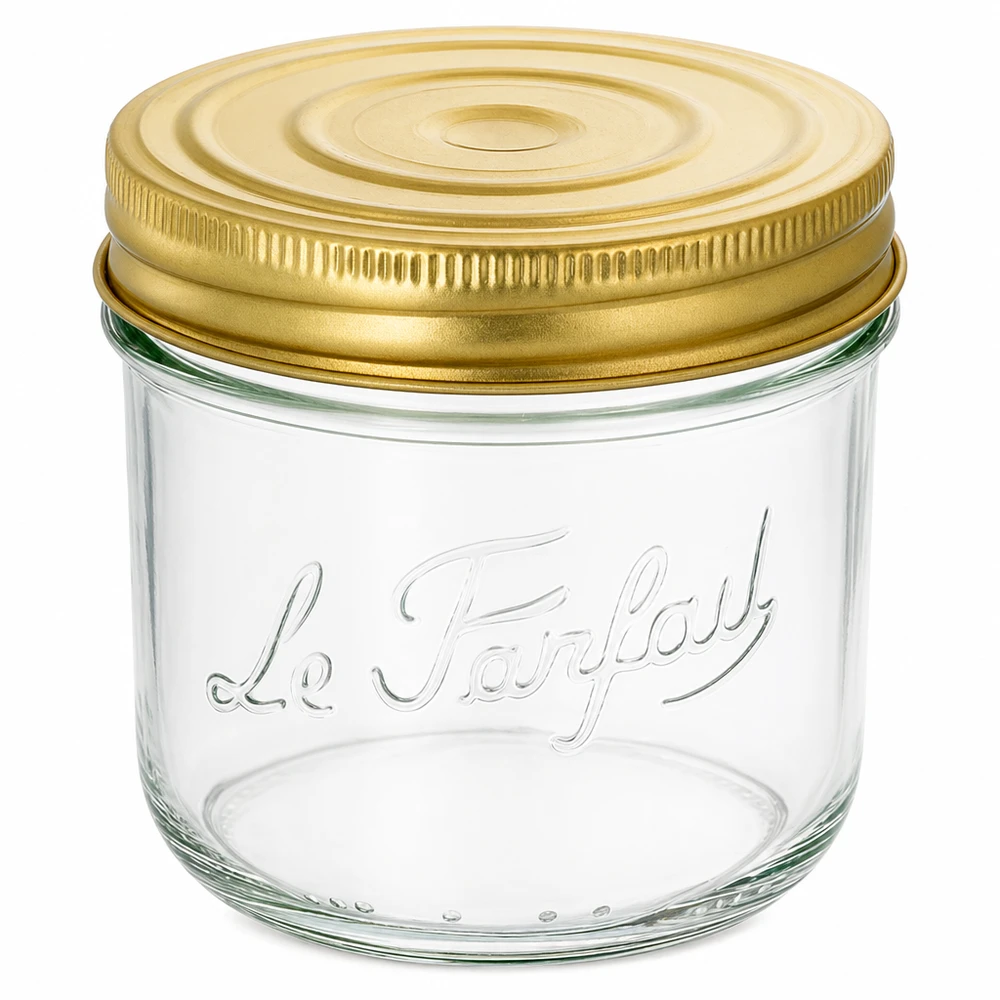 415ml Sturzglas "Familia Wiss" 2-teiliges Deckelsystem Le Pa Słoik Familia Wiss o pojemności 415 ml ze złotą zakręcaną pokrywką i wytłoczeniem Le Parfait do konserwowania i puszkowania