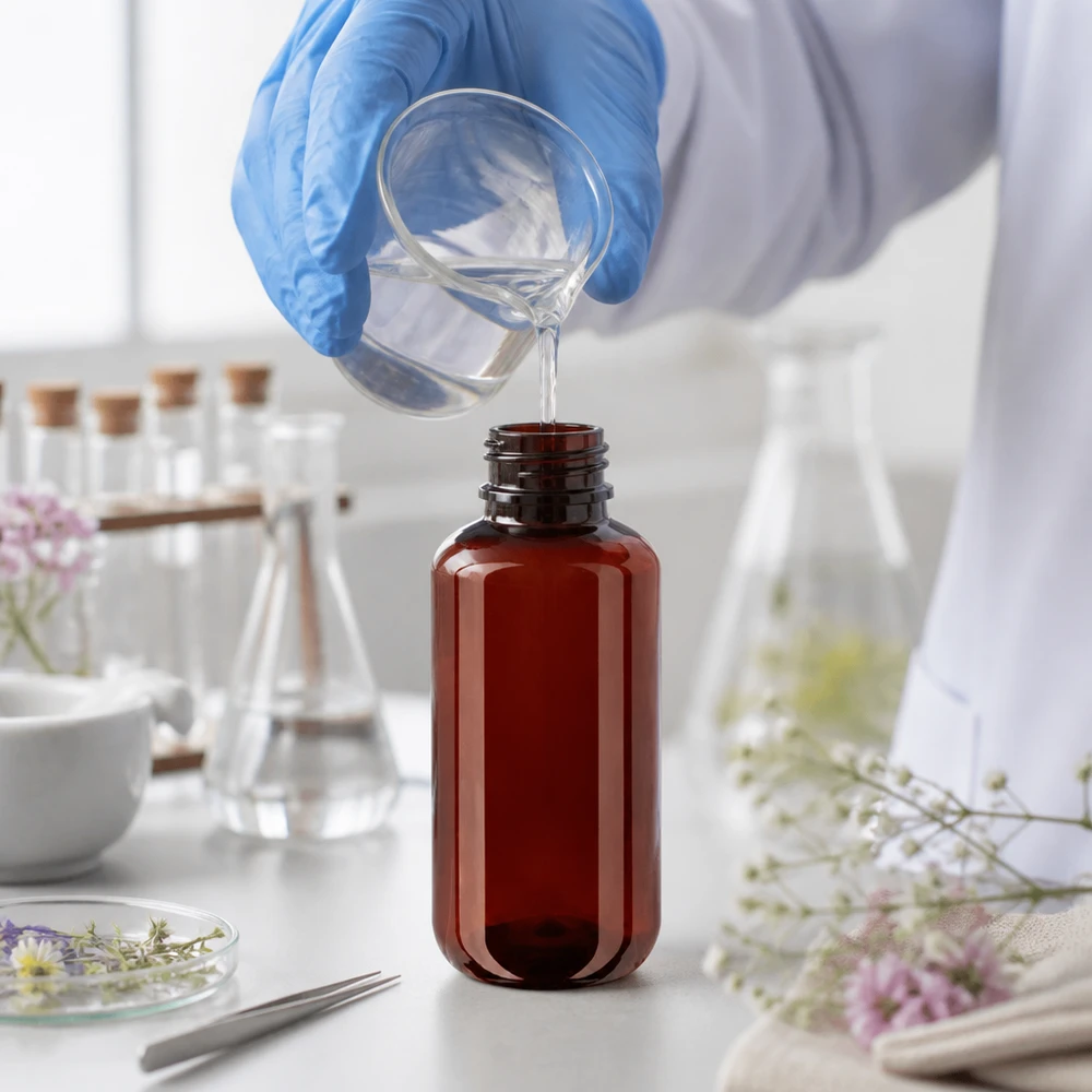Kompakte 100ml PET Flasche in Braun mit kindersicherem OV Verschluss und Dosierbehälter