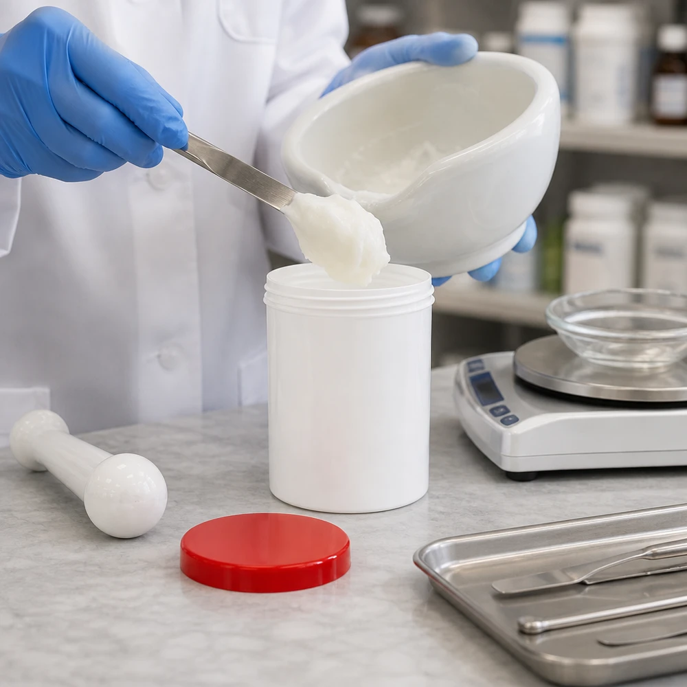 Farmaceuta napełnia biały słoik na maści z PP o pojemności 1000 g z czerwoną pokrywką z porcelanowego moździerza