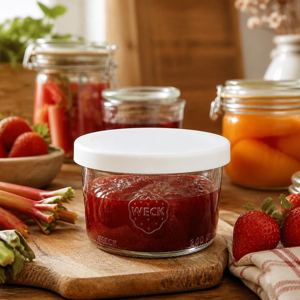 Kubek WECK RR80 200ml z dżemem truskawkowym i białą silikonową pokrywką w rustykalnej kuchni ze świeżymi owocami