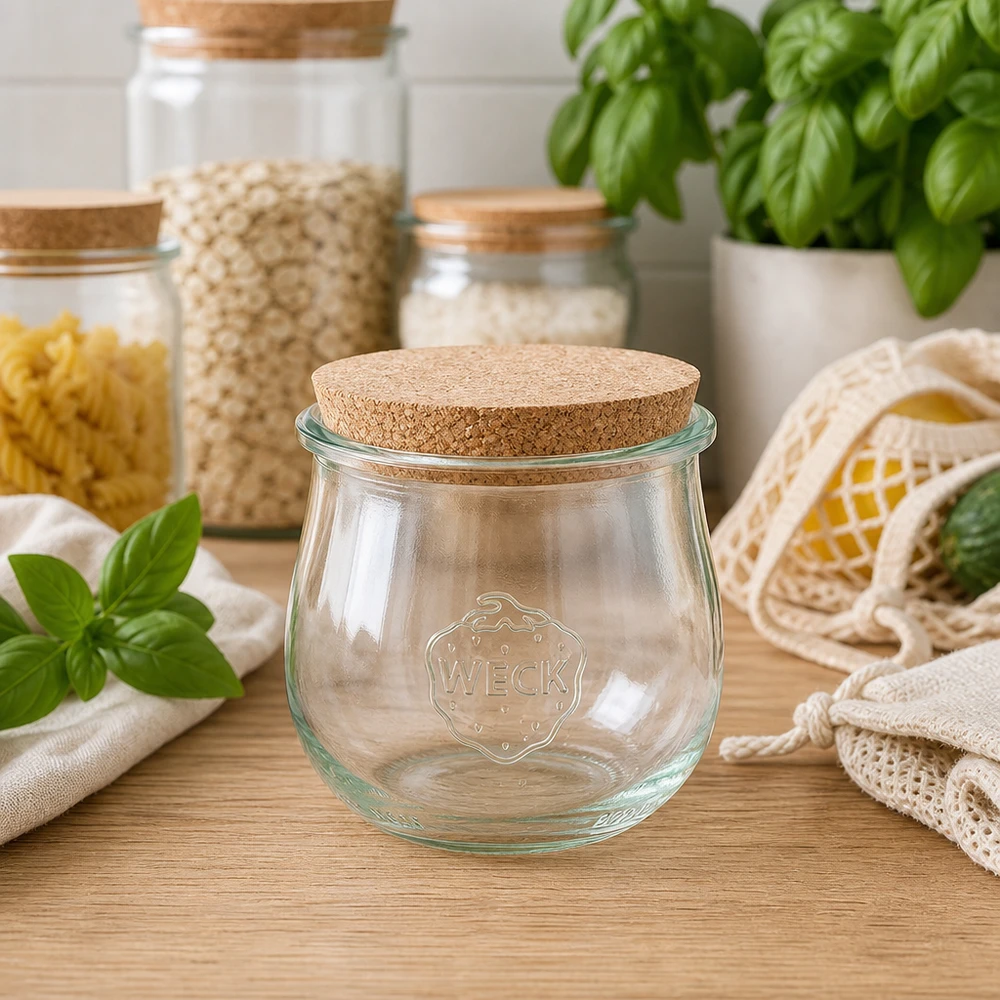 WECK słoik tulipan 370ml RR80 z korkiem w zrównoważonej kuchni zero waste między słoikami do przechowywania a bazylią