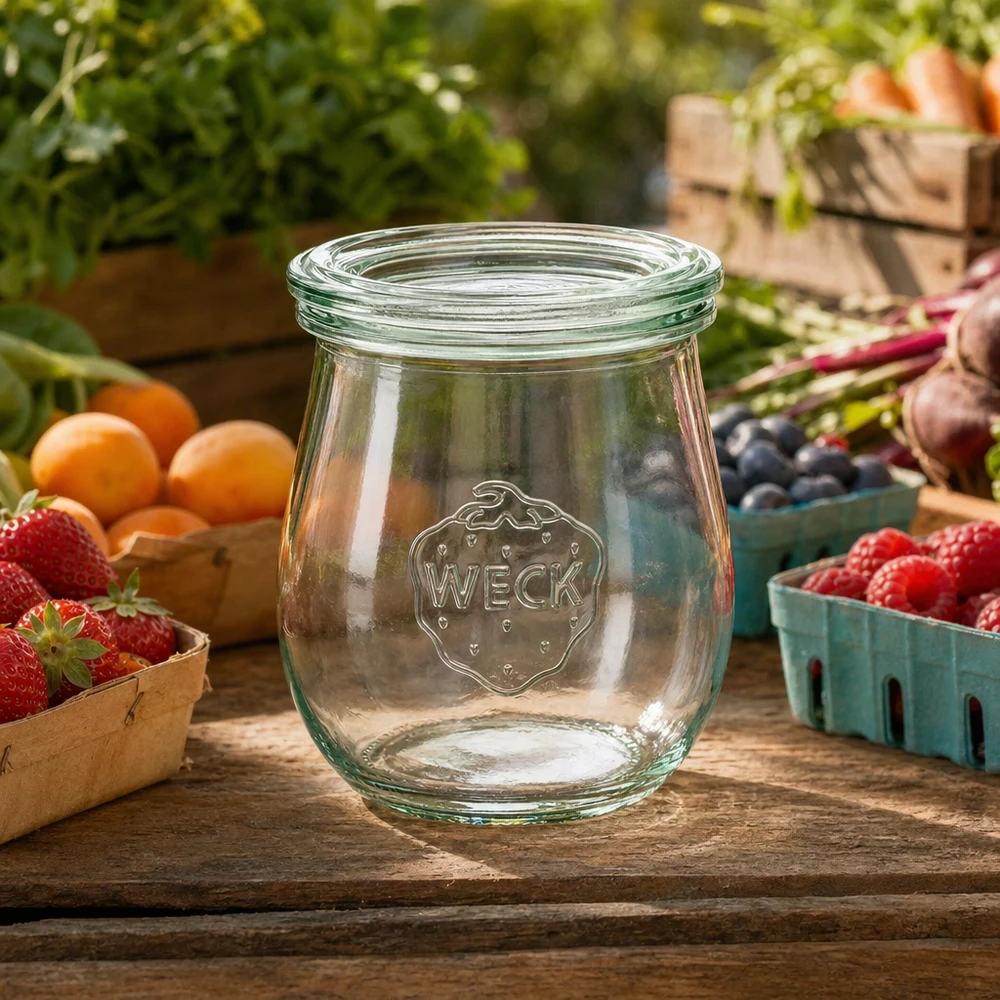 Słoik w kształcie tulipana o pojemności 220 ml z szklaną pokrywką WECK RR60 WECK tulipan słoik 220ml RR60 pusty na drewnianym stole otoczony świeżymi owocami i warzywami w naturalnym otoczeniu ogrodu