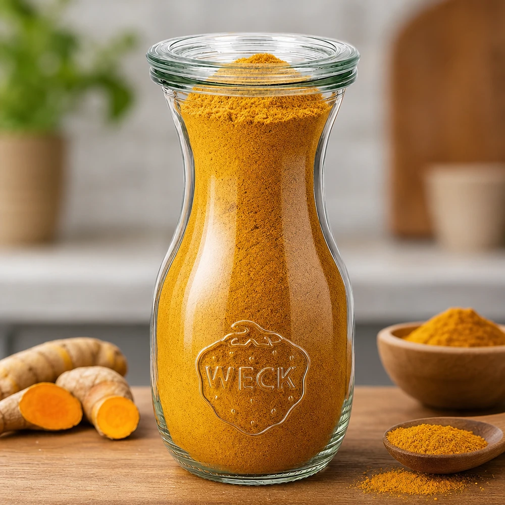 Butelka na sok o pojemności 290 ml z szklaną pokrywką WECK RR60 Butelka na sok WECK 290ml RR60 wypełniona sproszkowaną kurkumą obok świeżych korzeni kurkumy i drewnianych misek na kuchennym stole