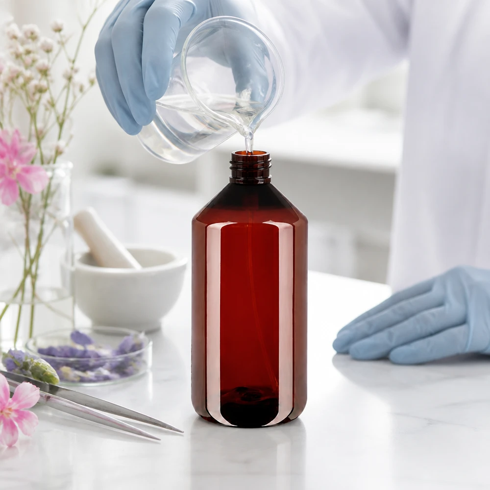 Butelka PET 750 ml z atomizerem biała Laborant napełnia brązową butelkę PET o pojemności 750 ml z atomizerem przeznaczoną do preparatów kosmetycznych
