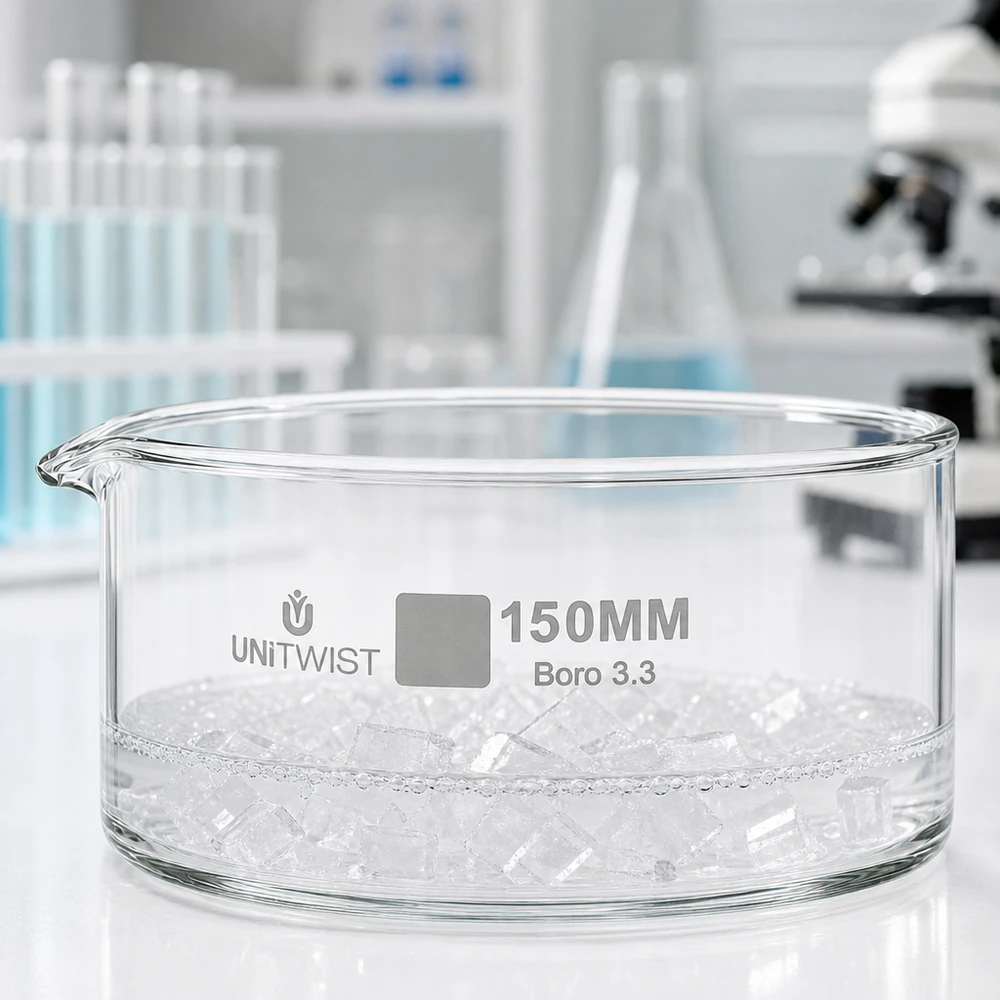 Płaska szklana miska o średnicy 150 mm, model UNiTWIST Boro 3.3, z kostkami lodu w laboratorium