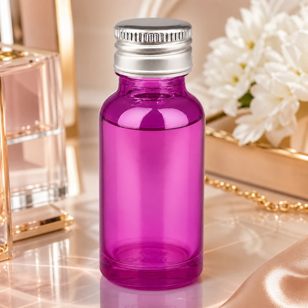 Butelka 20ml 11mm zakrętka aluminiowo-srebrna standard PurpleLine.UT18/20 Elegancka butelka o pojemności 20 ml w kolorze jasnofioletowym ze srebrną zakrętką dla wysokiej jakości produktów kosmetycznych