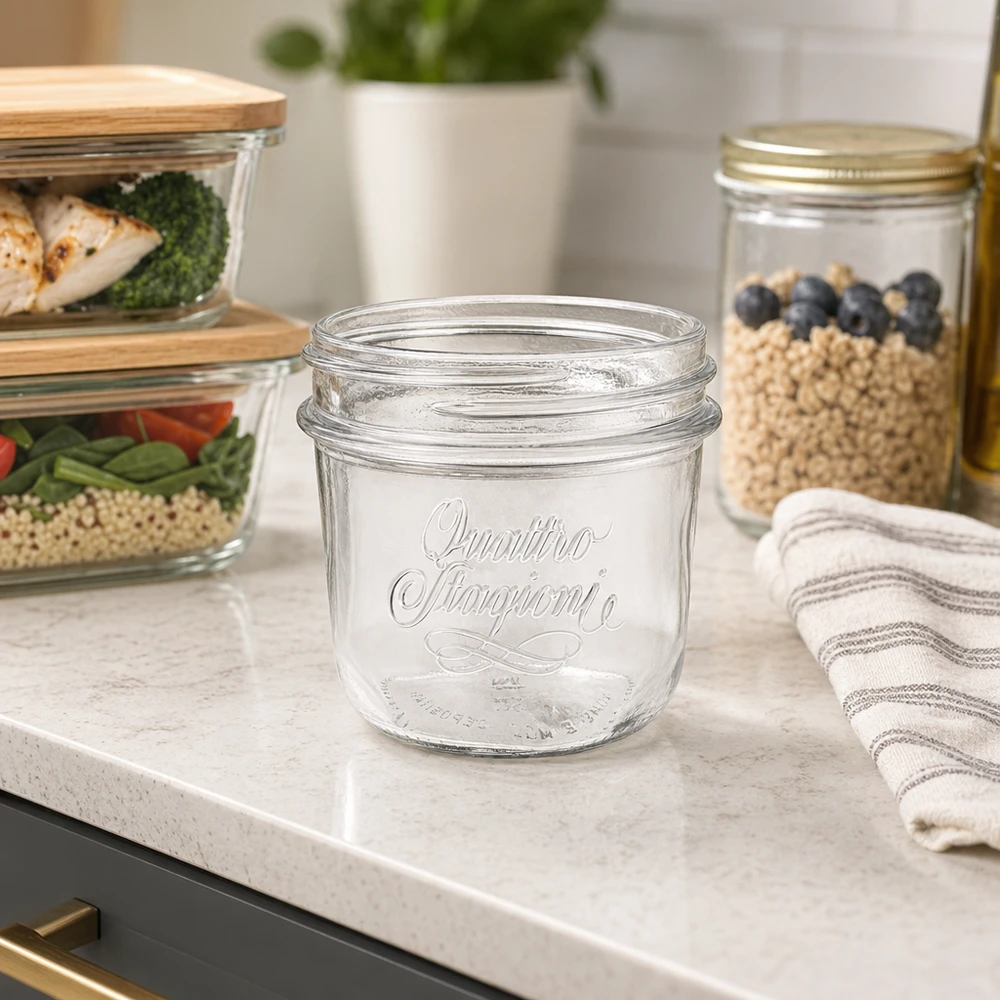 Szkło jubilerskie "Quattro Stagioni" o pojemności 200 ml 200ml Quattro Stagioni Einmachglas mit elegantem Design für Küche Vorratshaltung und Dekoration auf Marmor Arbeitsplatte