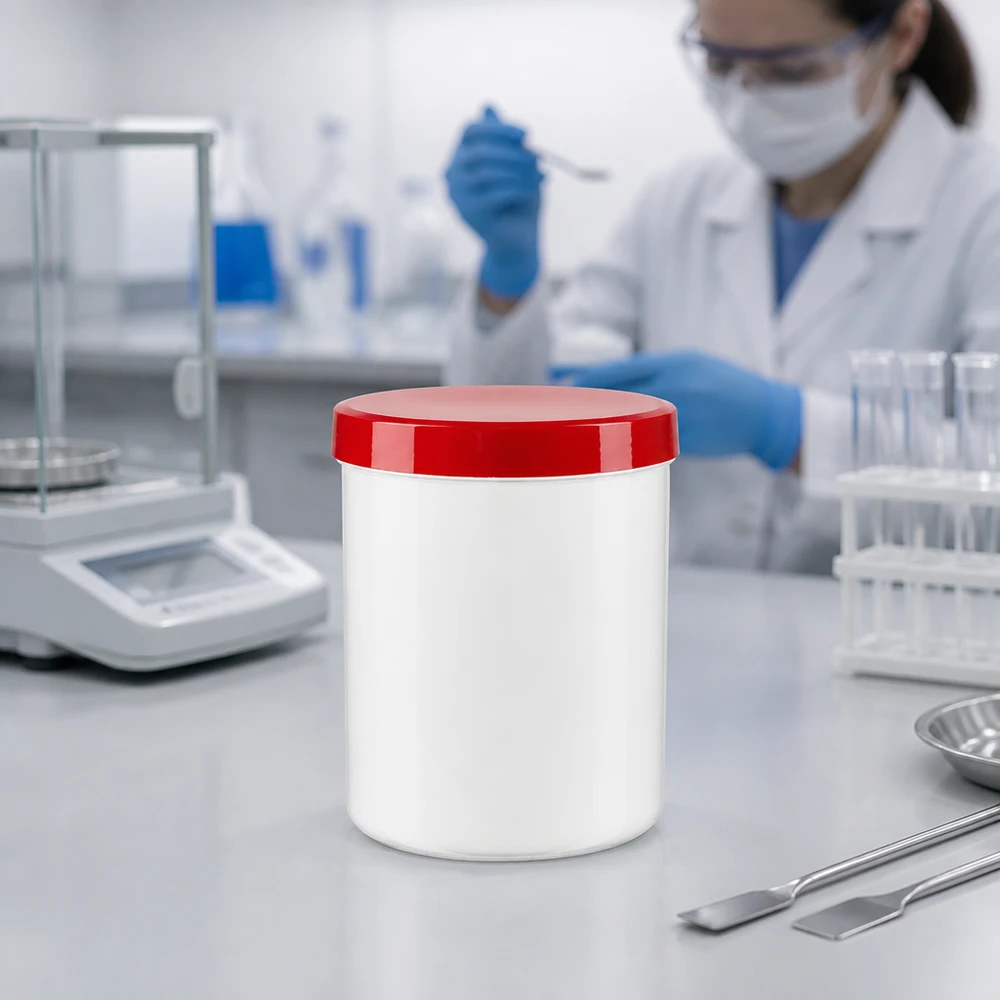 Biały plastikowy dzbanek o pojemności 1000 g z czerwoną zakręcaną pokrywką na szarym stole laboratoryjnym