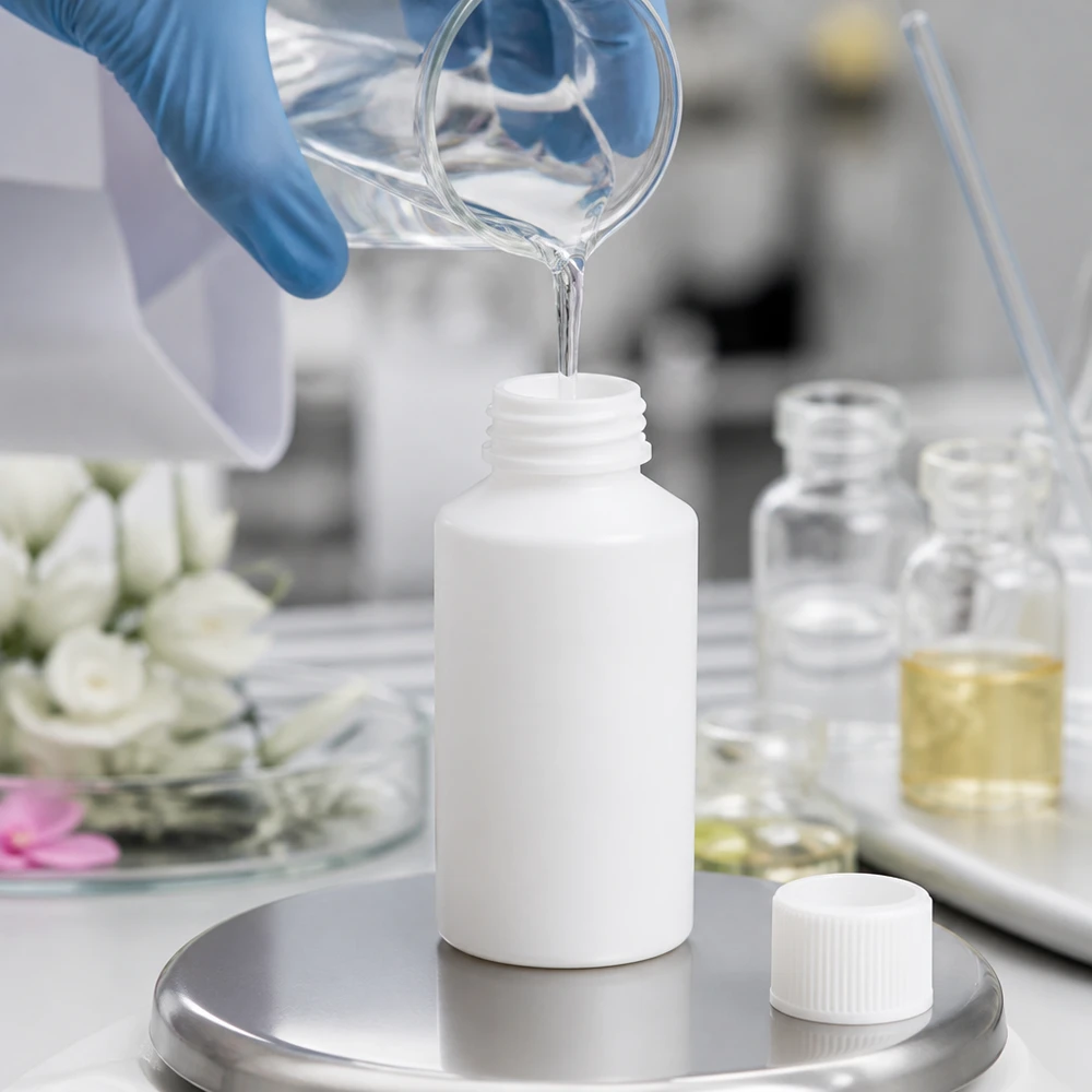 Napełnianie białej butelki aptecznej z HDPE o pojemności 50 ml z zamknięciem zabezpieczającym na wadze precyzyjnej