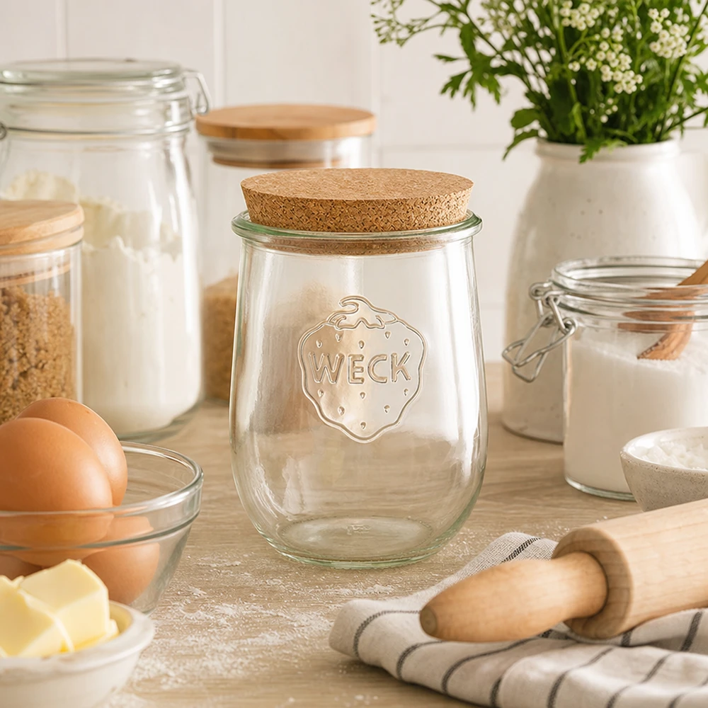 Słoik WECK tulipan RR100 1062ml z korkiem w przytulnej kuchni do przechowywania mąki, jajek i składników do pieczenia.